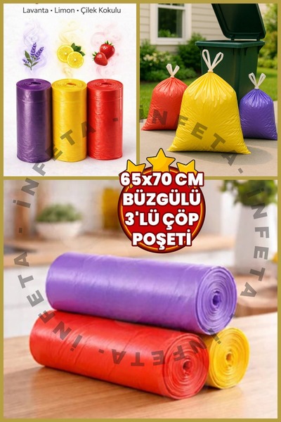 İnfeta Pachet de 3 saci de gunoi supradimensionați cu șnur, 65x70, cu parfum ...