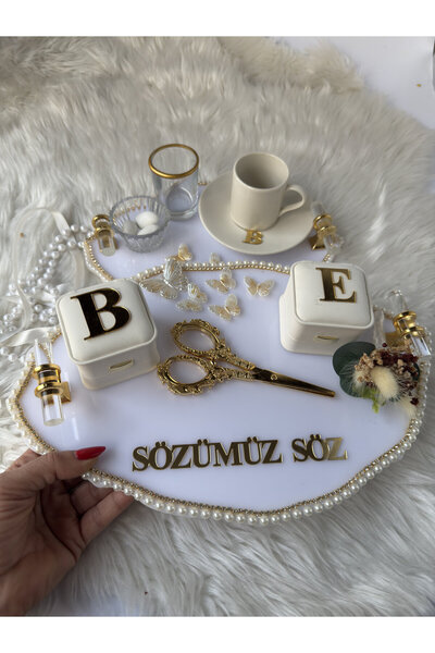 CatplexBoutique Söz Tepsisi - Kişiye Özel 2'li Nişan Tepsisi Damat Kahvesi Te...