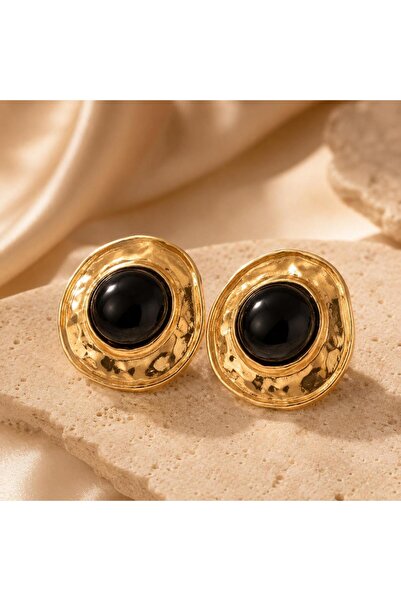 So Much Accesories Gold Oval Form Black Stone Women's Earrings