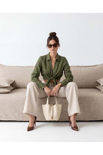 CKM MODA Damley Front Tie Crop Khaki