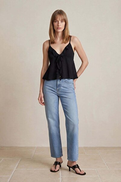 CKM MODA Sopelas Ruffle Detailed Strappy Blouse Black