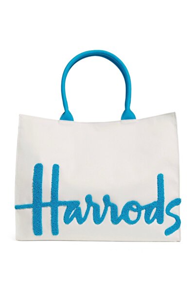 Harrods Cotton Shoulder Bag in Ivory White and Blue, Large Size (Original fro...
