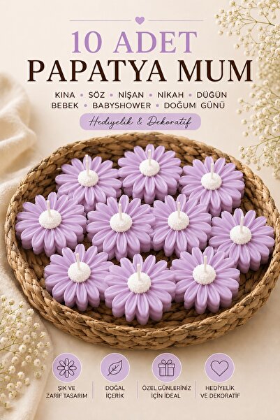 Bead 10'lu Papatya Şeklinde Mum Seti | Hediyelik ve Dekoratif Çiçek Mum | Nik...
