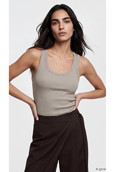 LC Waikiki Beige U-Neck Women's Ribbed Tank Top