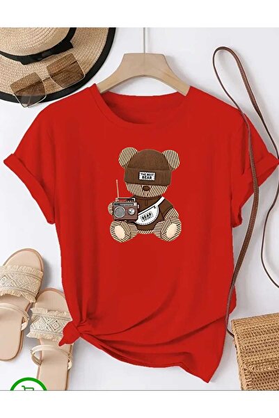 tkn your style Women's Beret Cute Teddy Bear Print Design Tshirt