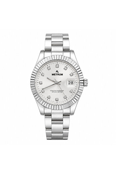 MTR303024 Erkek Kol Saati Silver Zirkon Taşlı Erkek Kol Saati - Beyaz Kadran Zirkon Taşlı Index Fluted Bezel 28 Tarihli Presidentia