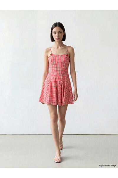 LC Waikiki I Checked Patterned Embroidered Rope Strap Waist-Sitting Mini Dres...