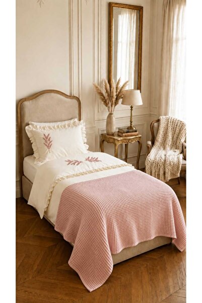 İK TEKSTİL Trigo Pudra Flower Embroidered Cotton Duvet Cover Set 5 Piece Mode...