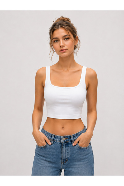 PARSHEY Kadın Kare Yaka Crop Atlet Kalın Askılı Basic Crop Top Slim Fit