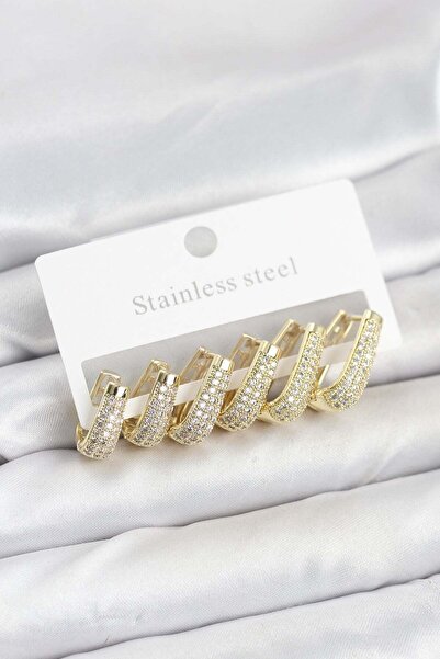 Inure Jewelry 316L Steel Gold Color Zircon Stone Drop Hoop Earrings Set