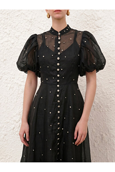 Greneric Mock Neck Rhinestone Mesh Puff Sleeve Black Dress