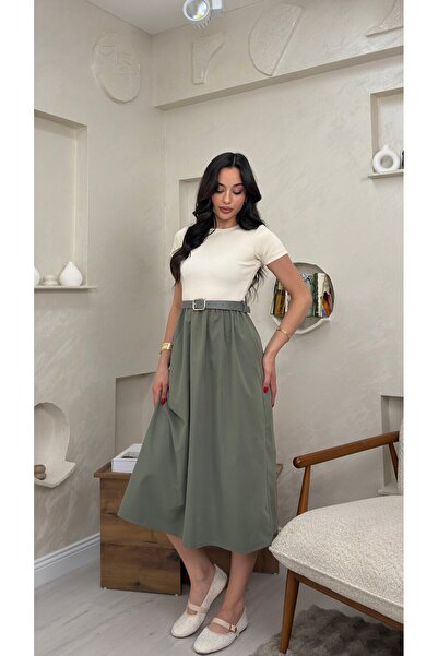 miraylawear KEMERLİ PİLELİ MİDİ ETEK ELBİSE- YEŞİL BEJ