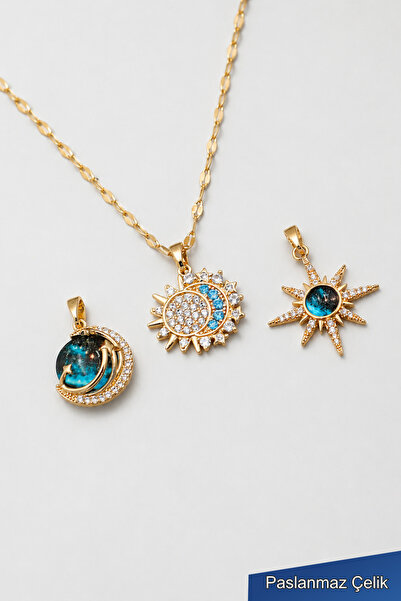 THE Steel Gold Color Steel Women's Pendant Set - 3 Pendants, 1 316L Steel Chain
