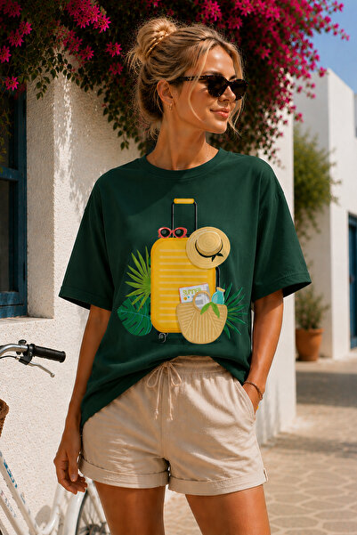 ArtYus Summer Vacation Suitcase Printed Crew Neck Unisex Oversize T-Shirt – H...