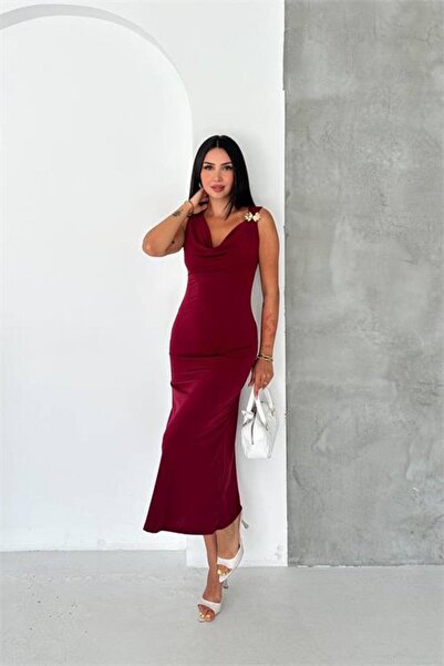 Neşeli Butik Rochie de damă bordeaux cu detaliu cataramă aurie pe umăr, lungi...