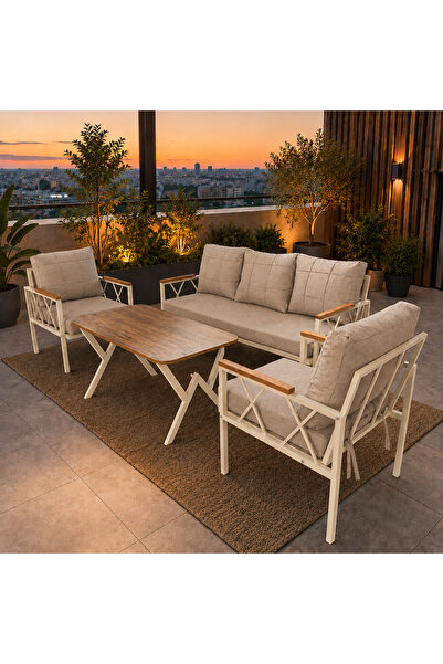 UFUK HOME Miray Krem Metal 311 Masalı Bej Balkon Bahçe Oturma Grubu Minderli ...