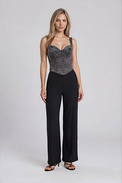 Vitrin Wide Leg Elastic Waist Striped Trousers
