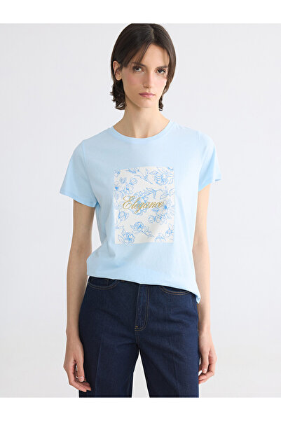 LC Waikiki Blue Printed Cotton Women's T-Shirt