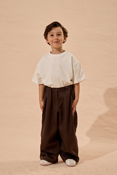 Fahhar Kids Tencel Pleated Barrel Trousers Brown