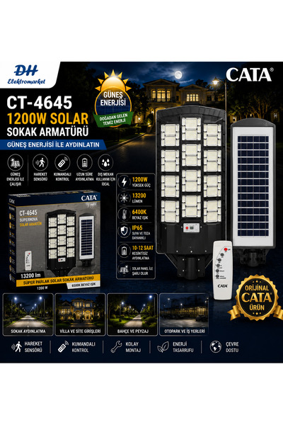 DHELEKTROMARKET CATA CT-4645 Süpernova Solar Sokak Armatürü 1200W Kumandalı S...