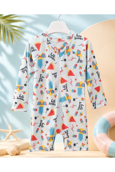 kidsense Unisex Uzun Kollu Fermuarlı Yaz Desenli Bebek Tulum Mayo