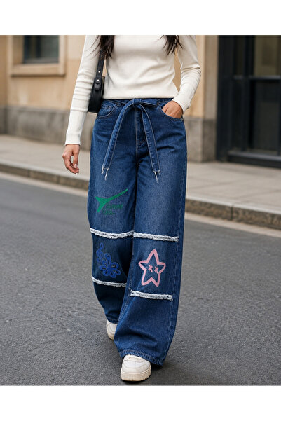 GRİİ WEAR Patch Detailed Belted Wide Leg Jeans