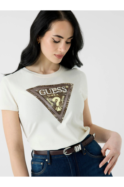 Guess Tricou alb pentru femei, cu mânecă scurtă, cu decolteu rotund, cu imprimeu șarpe, triunghiular, W6YI31K4350-G012