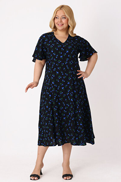 İntensive Rochie de damă, mărime mare, neagră, cu imprimeu floral, cu volane,...