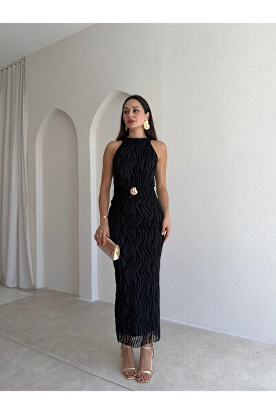 Mooi Butik WİSTERİA Simli Midi Elbise 8959 - Siyah