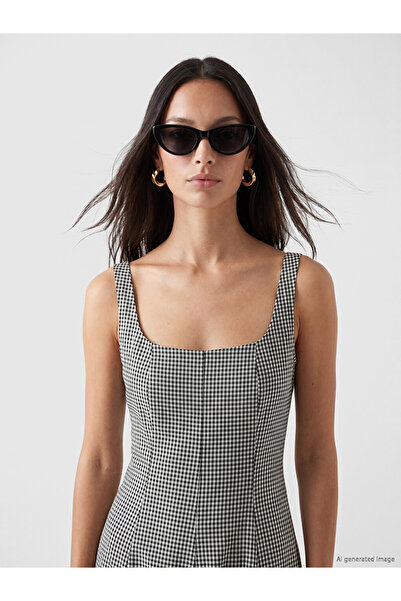 LC Waikiki U-Neck Plaid Waist-Slit Dress