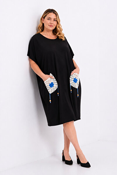 Şans Women's Plus Size Black, Knit Pocket, Crew Neck, Comfort Fit Viscose Dre...