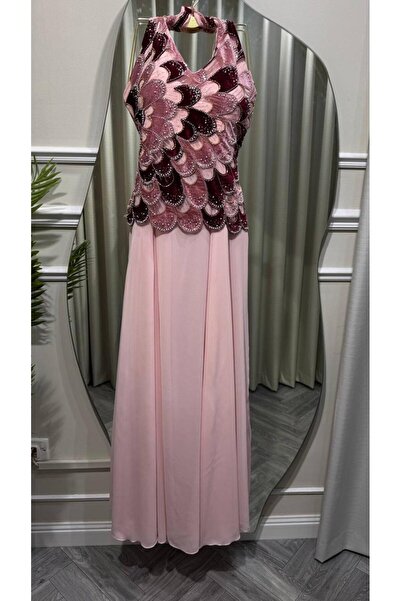 Mar style Women's Pink Halter Neck Beaded Embroidered Long Dress