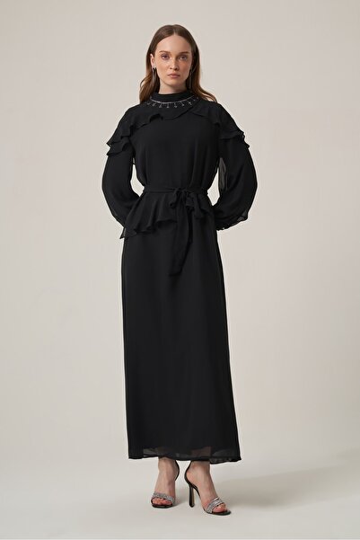 FTZ WOMEN Women's Chiffon Collar Stone Dress Black 31379