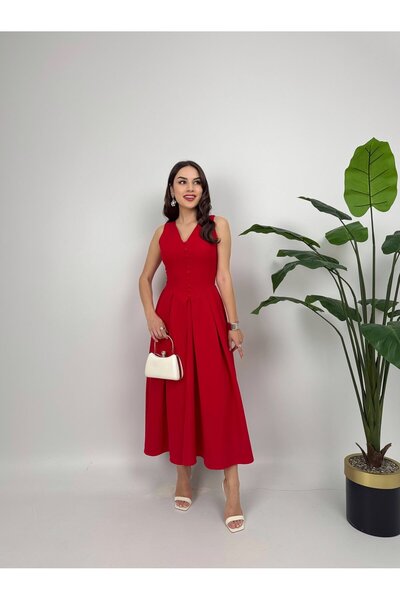 Miss Janell Soft and Elegant Sleeveless Dress with Draped Buttons Detail - Ma...