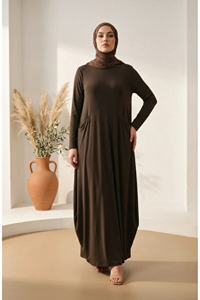 sefamerve Sandy Fabric Pocket Hijab Dress 5656-07 Khaki