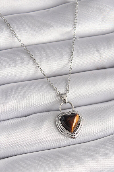 OGHAMAY 316L Steel Silver Color Chain Lock Heart Amber Bead Model Women's Nec...
