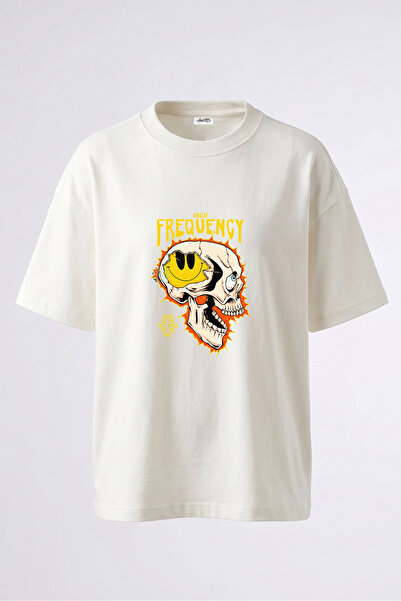Anetos Tricou oversize alb din bumbac cu imprimeu pe spate Skull Smiley Design