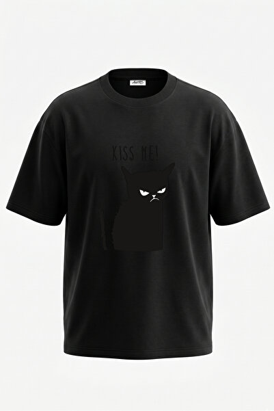 Anetos Tricou oversize negru din bumbac cu imprimeu pe spate Grumpy Cat Design