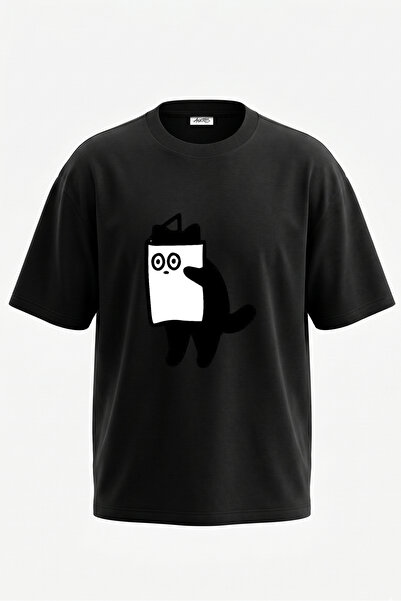 Anetos Tricou oversize negru din bumbac cu imprimeu pe spate Cizgi Cat Design