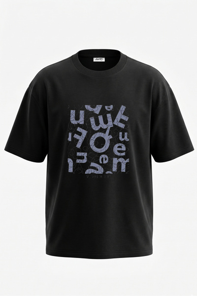 Anetos Tricou oversize negru din bumbac cu imprimeu pe spate cu litere abstracte