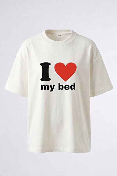 Anetos I Love My Bed Design Back Printed Cotton White Oversize T-Shirt