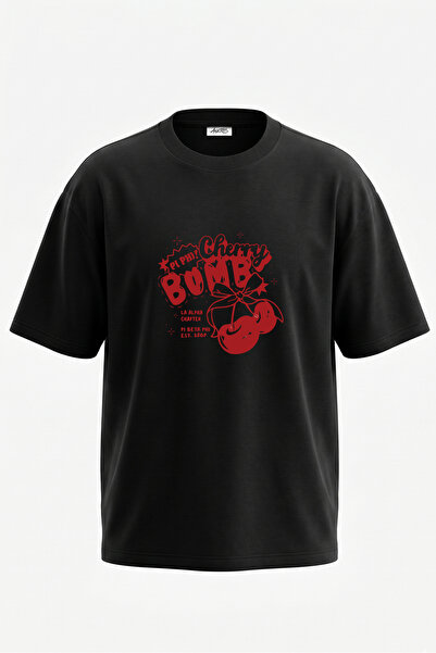 Anetos Tricou negru oversize din bumbac cu imprimeu pe spate Cherry Bomb Design