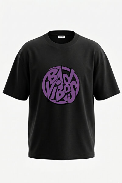 Anetos Bad Vibes Design Back Printed Cotton Black Oversize T-Shirt