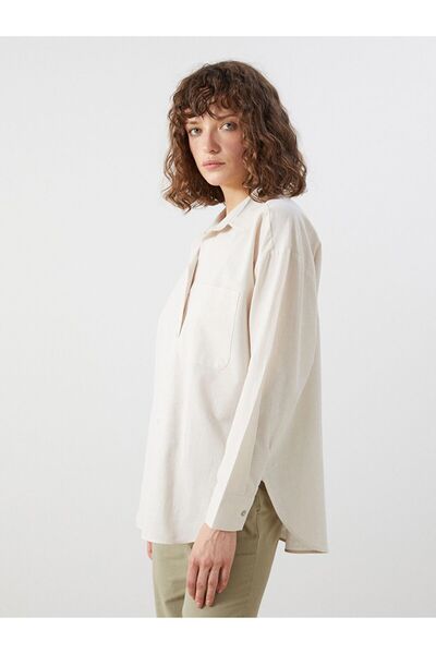 LC Waikiki Lcw Vision Beige Linen Blend Oversize Women's Shirt