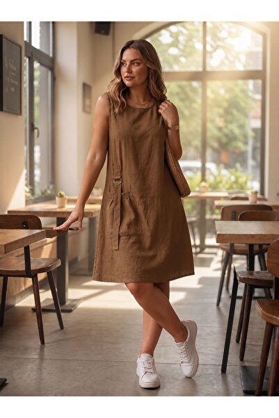 Vinola Washed denim linen high quality pocketed accessory elegant dress