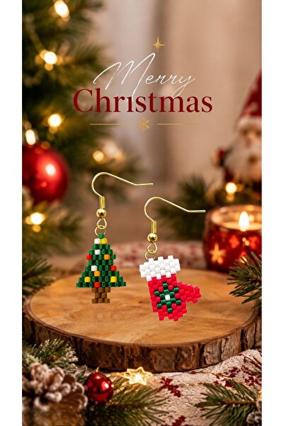 SEARD Miyuki Bead Handmade Gloves and Tiny Pine Tree Earrings New Year Christ...