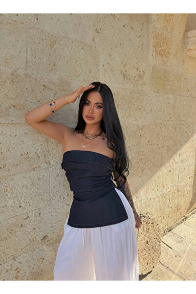 kırmızı butiks Navy Blue Double Slit Denim Strapless