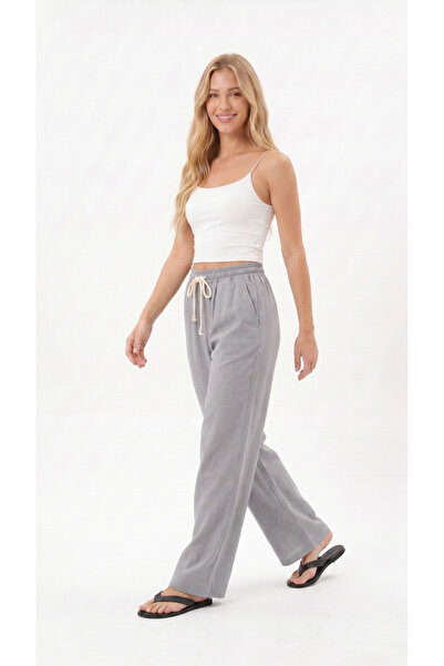 TKT Women's Muslin Palazzo Sweatpants Gray Color Wide Leg High Waist