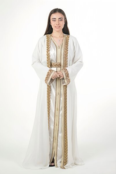 al bent al sharqieh Moroccan embroidered satin kaftan dress with a waist belt