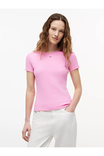 Tommy Hilfiger Kadın Slim Fit Yatay Çizgili Yuvarlak Yakalı Kısa Kollu Pembe ...